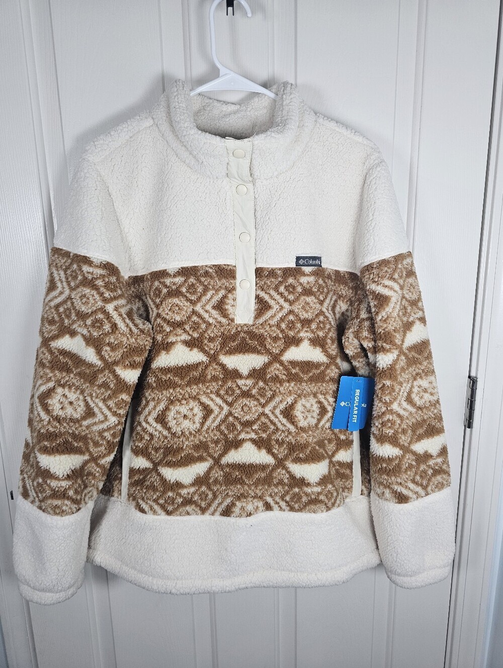 Columbia NWT Women's Cream and Rust Sherpa Half-Zip Pullover AZTEC Print Size XL